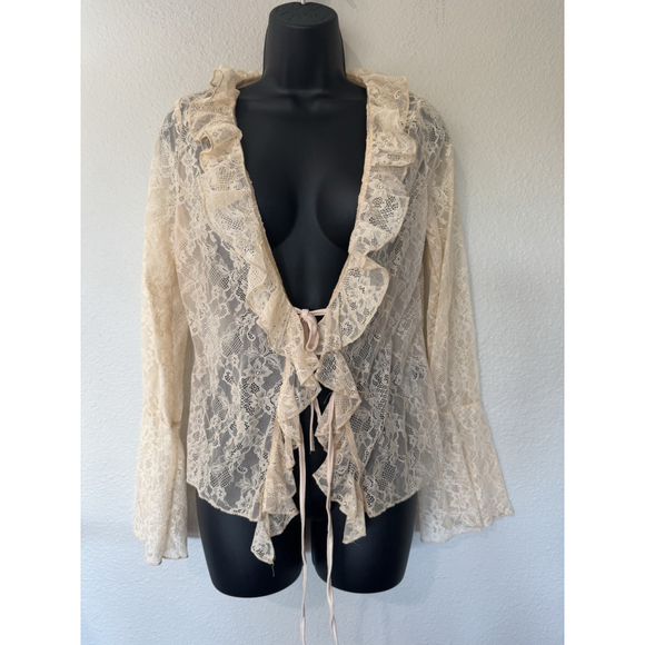 Romantic Lace Ruffle Top Large Beige Tie Front Fairy Whimsigoth Romantic - Picture 1 of 8